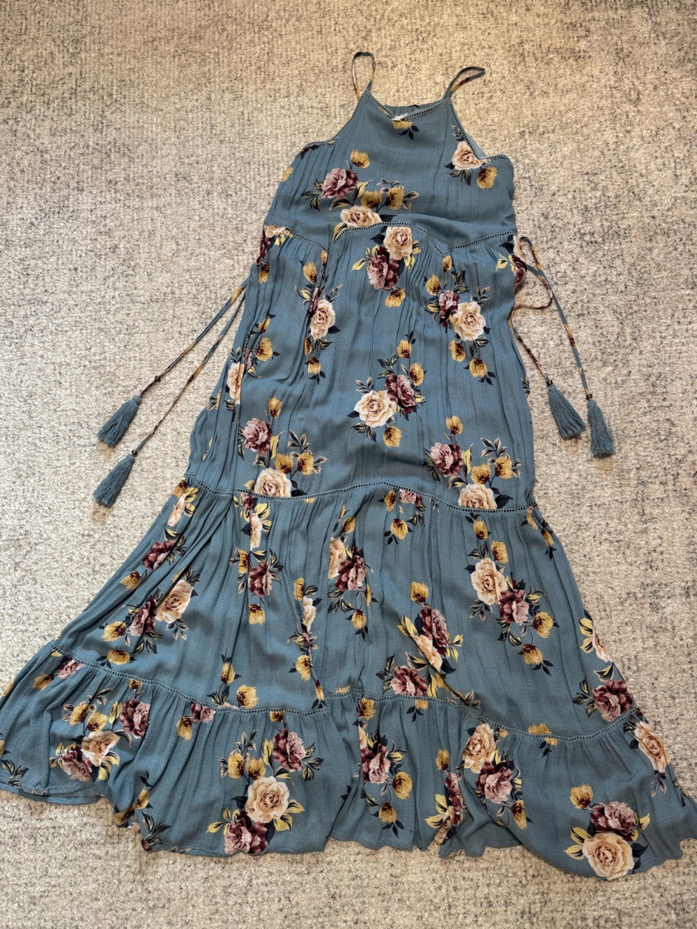 Blue Floral Maxi Dress with Tassel Ties